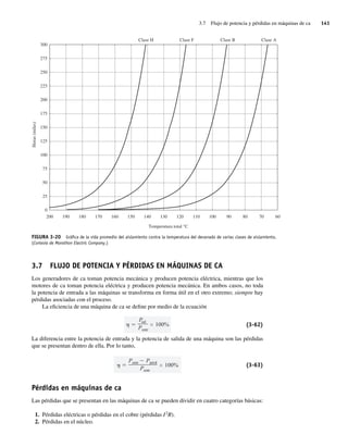 3.7 Flujo de potencia y pérdidas en máquinas de ca 141
FIGURA 3-20 Gráﬁca de la vida promedio del aislamiento contra la temperatura del devanado de varias clases de aislamiento.
(Cortesía de Marathon Electric Company.)
200 190 180 170 160 150 140 130 120 110 100 90 80 70 60
300
275
250
225
200
175
150
125
100
75
50
25
0
Temperatura total °C
Clase H Clase F Clase B Clase A
Horas
(miles)
3.7 FLUJO DE POTENCIA Y PÉRDIDAS EN MÁQUINAS DE CA
Los generadores de ca toman potencia mecánica y producen potencia eléctrica, mientras que los
motores de ca toman potencia eléctrica y producen potencia mecánica. En ambos casos, no toda
la potencia de entrada a las máquinas se transforma en forma útil en el otro extremo; siempre hay
pérdidas asociadas con el proceso.
La eficiencia de una máquina de ca se define por medio de la ecuación
P
sal
Pentr
100% (3-62)
La diferencia entre la potencia de entrada y la potencia de salida de una máquina son las pérdidas
que se presentan dentro de ella. Por lo tanto,
Pentr Ppérd
Pentr
100% (3-63)
Pérdidas en máquinas de ca
Las pérdidas que se presentan en las máquinas de ca se pueden dividir en cuatro categorías básicas:
1. Pérdidas eléctricas o pérdidas en el cobre (pérdidas I2
R).
2. Pérdidas en el núcleo.
03_Chapman 03.indd 141
03_Chapman 03.indd 141 10/10/11 13:14:53
10/10/11 13:14:53
 
