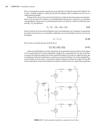154 CAPÍTULO 4 Generadores síncronos
Ésta es exactamente la misma ecuación que la que describe el voltaje de reacción del inducido. Por
lo tanto, se puede modelar el voltaje de reacción del inducido como un inductor en serie con un
voltaje interno generado.
Además de los efectos de la reacción del inducido, las bobinas del estator tienen una autoinduc-
tancia y una resistencia. Si se llama LA a la autoinductancia del estator (y se llama XA a su reactancia
correspondiente), mientras que a la resistencia del estator se le llama RA, entonces la diferencia total
entre EA y Vf está dada por
Vf 5 EA − jXIA – jXAIA − RAIA (4-9)
Tanto los efectos de la reacción del inducido como la autoinductancia de la máquina se representan
por medio de reactancias y se acostumbra combinarlas en una sola llamada reactancia síncrona de
la máquina:
XS 5 X + XA (4-10)
Por lo tanto, la ecuación final que describe Vf es
Vf 5 EA − jXSIA − RAIA (4-11)
Ahora es posible dibujar el circuito equivalente de un generador síncrono trifásico. En la figura
4-10 se puede apreciar el circuito equivalente completo de un generador de este tipo. Esta figu-
ra muestra una fuente de potencia de cd que suministra potencia al circuito de campo del rotor, que
se modela por medio de la inductancia y resistencia en serie de la bobina. Un resistor ajustable Rajus
está conectado en serie con RF y este resistor controla el flujo de corriente de campo. El resto del
circuito equivalente consta de los modelos de cada fase. Cada fase tiene un voltaje interno generado
FIGURA 4-10 Circuito equivalente completo de un generador síncrono trifásico.
+
–
+
–
IA1
RA
jXS
EA1 V 1
+
–
+
–
+
–
IA2
IF
RA
Rajus
RF
VF
LF
jXS
EA2
+
–
+
–
IA3
RA
jXS
EA3
(cd)
V 2
V 3
04_Chapman 04.indd 154
04_Chapman 04.indd 154 10/10/11 13:15:54
10/10/11 13:15:54
 