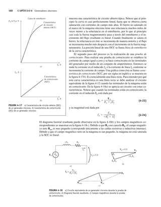160 CAPÍTULO 4 Generadores síncronos
muestra una característica de circuito abierto típica. Nótese que al prin-
cipio la curva es casi perfectamente lineal, hasta que se observa cierta
saturación con corrientes de campo más altas. El hierro no saturado en
el marco de la máquina síncrona tiene una reluctancia muchos miles de
veces menor a la reluctancia en el entrehierro, por lo que al principio
casi toda la fuerza magnetomotriz pasa a través del entrehierro y el in-
cremento del flujo resultante es lineal. Cuando finalmente se satura el
hierro, la reluctancia en éste se incrementa de manera notoria y el flujo
se incrementa mucho más despacio con el incremento en la fuerza mag-
netomotriz. La porción lineal de una OCC se llama línea de entrehierro
de la curva característica.
El segundo paso del proceso es la realización de una prueba de
cortocircuito. Para realizar una prueba de cortocircuito se establece la
corriente de campo igual a cero y se hace cortocircuito en las terminales
del generador por medio de un conjunto de amperímetros. Entonces se
mide la corriente en el inducido IA o la corriente de línea IL conforme se
incrementa la corriente de campo. Una gráfica como ésta se llama carac-
terística de cortocircuito (SCC, por sus siglas en inglés) y se muestra en
la figura 4-17b). Es esencialmente una línea recta. Para entender por qué
esta curva característica es una línea recta se debe analizar el circuito
equivalente de la figura 4-12 cuando las terminales de la máquina están
en cortocircuito. En la figura 4-18a) se aprecia un circuito con estas ca-
racterísticas. Nótese que cuando las terminales están en cortocircuito, la
corriente en el inducido IA está dada por
IA
EA
RA jXS
(4-23)
y su magnitud está dada por
IA
EA
R2
A X2
S
(4-24)
El diagrama fasorial resultante puede observarse en la figura 4-18b) y los campos magnéticos co-
rrespondientes se muestran en la figura 4-18c). Debido a que BS casi cancela BR, el campo magnéti-
co neto Bnet es muy pequeño (corresponde únicamente a las caídas resistivas e inductivas internas).
Debido a que el campo magnético neto en la máquina es tan pequeño, la máquina no está saturada
y la SCC es lineal.
FIGURA 4-17 a) Característica de circuito abierto (OCC)
de un generador síncrono. b) Característica de cortocircuito
(SCC) de un generador síncrono.
EA (o VT), V
If, A
If, A
Línea de entrehierro
a)
IA, A
Característica
de cortocircuito
(SCC)
b)
Característica
de circuito
abierto (OCC)
FIGURA 4-18 a) Circuito equivalente de un generador síncrono durante la prueba de
cortocircuito. b) Diagrama fasorial resultante. c) Campos magnéticos durante la prueba
de cortocircuito.
XS
j
XS IA
j
RA
RA
EA
EA
EA
+
–
IA
IA
IA
V
a)
b)
c)
RA + jXS
Bnet
BR
Bestat
IA =
= 0 V
V = 0 V
04_Chapman 04.indd 160
04_Chapman 04.indd 160 10/10/11 13:15:56
10/10/11 13:15:56
 