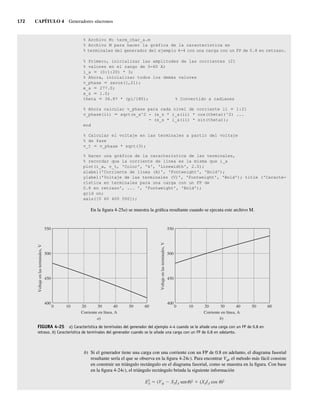 172 CAPÍTULO 4 Generadores síncronos
% Archivo M: term_char_a.m
% Archivo M para hacer la gráfica de la característica en
% terminales del generador del ejemplo 4-4 con una carga con un FP de 0.8 en retraso.
% Primero, inicializar las amplitudes de las corrientes (21
% valores en el rango de 0-60 A)
i_a 5 (0:1:20) * 3;
% Ahora, inicializar todos los demás valores
v_phase 5 zeros(1,21);
e_a 5 277.0;
x_s 5 1.0;
theta 5 36.87 * (pi/180); % Convertido a radianes
% Ahora calcular v_phase para cada nivel de corriente ii 5 1:21
v_phase(ii) 5 sqrt(e_a^2 - (x_s * i_a(ii) * cos(theta))^2) ...
- (x_s * i_a(ii) * sin(theta));
end
% Calcular el voltaje en las terminales a partir del voltaje
% de fase
v_t 5 v_phase * sqrt(3);
% Hacer una gráfica de la característica de las terminales,
% recordar que la corriente de línea es la misma que i_a
plot(i_a, v_t, 'Color', 'k', 'Linewidth', 2.0);
xlabel('Corriente de línea (A)', 'Fontweight', 'Bold');
ylabel('Voltaje de las terminales (V)', 'Fontweight', 'Bold'); title ('Caracte-
rística en terminales para una carga con un FP de
0.8 en retraso', ... ', 'Fontweight', 'Bold');
grid on;
axis([0 60 400 550]);
En la figura 4-25a) se muestra la gráfica resultante cuando se ejecuta este archivo M.
FIGURA 4-25 a) Característica de terminales del generador del ejemplo 4-4 cuando se le añade una carga con un FP de 0.8 en
retraso. b) Característica de terminales del generador cuando se le añade una carga con un FP de 0.8 en adelanto.
a)
0 10 20 30 40 50 60
550
Voltaje
en
las
terminales,
V
Corriente en línea, A
500
450
400
b)
0 10 20 30 40 50 60
550
Voltaje
en
las
terminales,
V
Corriente en línea, A
500
450
400
b) Si el generador tiene una carga con una corriente con un FP de 0.8 en adelanto, el diagrama fasorial
resultante sería el que se observa en la figura 4-24c). Para encontrar Vf, el método más fácil consiste
en construir un triángulo rectángulo en el diagrama fasorial, como se muestra en la figura. Con base
en la figura 4-24c), el triángulo rectángulo brinda la siguiente información
E2
A (V XSIA sen )2 (XSIA cos )2
04_Chapman 04.indd 172
04_Chapman 04.indd 172 10/10/11 13:16:02
10/10/11 13:16:02
 