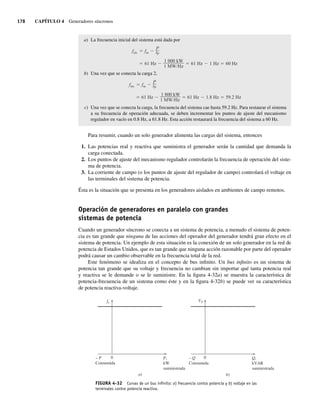 178 CAPÍTULO 4 Generadores síncronos
a) La frecuencia inicial del sistema está dada por
61 Hz
1,000 kW
1 MW/Hz
61 Hz 1 Hz 60 Hz
fsis fsc
P
sP
b) Una vez que se conecta la carga 2,
61 Hz
1,800 kW
1 MW/Hz
61 Hz 1.8 Hz 59.2 Hz
fsis fsc
P
sP
c) Una vez que se conecta la carga, la frecuencia del sistema cae hasta 59.2 Hz. Para restaurar el sistema
a su frecuencia de operación adecuada, se deben incrementar los puntos de ajuste del mecanismo
regulador en vacío en 0.8 Hz, a 61.8 Hz. Esta acción restaurará la frecuencia del sistema a 60 Hz.
Para resumir, cuando un solo generador alimenta las cargas del sistema, entonces
1. Las potencias real y reactiva que suministra el generador serán la cantidad que demanda la
carga conectada.
2. Los puntos de ajuste del mecanismo regulador controlarán la frecuencia de operación del siste-
ma de potencia.
3. La corriente de campo (o los puntos de ajuste del regulador de campo) controlará el voltaje en
las terminales del sistema de potencia.
Ésta es la situación que se presenta en los generadores aislados en ambientes de campo remotos.
Operación de generadores en paralelo con grandes
sistemas de potencia
Cuando un generador síncrono se conecta a un sistema de potencia, a menudo el sistema de poten-
cia es tan grande que ninguna de las acciones del operador del generador tendrá gran efecto en el
sistema de potencia. Un ejemplo de esta situación es la conexión de un solo generador en la red de
potencia de Estados Unidos, que es tan grande que ninguna acción razonable por parte del operador
podrá causar un cambio observable en la frecuencia total de la red.
Este fenómeno se idealiza en el concepto de bus infinito. Un bus infinito es un sistema de
potencia tan grande que su voltaje y frecuencia no cambian sin importar qué tanta potencia real
y reactiva se le demande o se le suministre. En la figura 4-32a) se muestra la característica de
potencia-frecuencia de un sistema como éste y en la figura 4-32b) se puede ver su característica
de potencia reactiva-voltaje.
FIGURA 4-32 Curvas de un bus inﬁnito: a) frecuencia contra potencia y b) voltaje en las
terminales contra potencia reactiva.
0
– P
Consumida
P,
kW
suministrada
fe
a)
0
– Q
Consumida
Q,
kVAR
suministrada
VT
b)
04_Chapman 04.indd 178
04_Chapman 04.indd 178 10/10/11 13:16:04
10/10/11 13:16:04
 