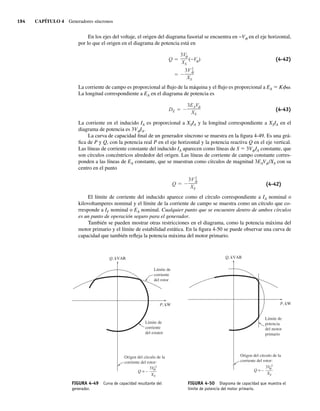 194 CAPÍTULO 4 Generadores síncronos
En los ejes del voltaje, el origen del diagrama fasorial se encuentra en −Vf en el eje horizontal,
por lo que el origen en el diagrama de potencia está en
3V2
XS
Q
3V
XS
( V ) (4-42)
La corriente de campo es proporcional al flujo de la máquina y el flujo es proporcional a EA 5 Kfv.
La longitud correspondiente a EA en el diagrama de potencia es
DE
3EAV
XS
(4-43)
La corriente en el inducido IA es proporcional a XSIA y la longitud correspondiente a XSIA en el
diagrama de potencia es 3VfIA.
La curva de capacidad final de un generador síncrono se muestra en la figura 4-49. Es una grá-
fica de P y Q, con la potencia real P en el eje horizontal y la potencia reactiva Q en el eje vertical.
Las líneas de corriente constante del inducido IA aparecen como líneas de S 5 3VfIA constante, que
son círculos concéntricos alrededor del origen. Las líneas de corriente de campo constante corres-
ponden a las líneas de EA constante, que se muestran como círculos de magnitud 3EAVf/XS con su
centro en el punto
Q
3V2
XS
(4-42)
El límite de corriente del inducido aparece como el círculo correspondiente a IA nominal o
kilovoltamperes nominal y el límite de la corriente de campo se muestra como un círculo que co-
rresponde a IF nominal o EA nominal. Cualquier punto que se encuentre dentro de ambos círculos
es un punto de operación seguro para el generador.
También se pueden mostrar otras restricciones en el diagrama, como la potencia máxima del
motor primario y el límite de estabilidad estática. En la figura 4-50 se puede observar una curva de
capacidad que también refleja la potencia máxima del motor primario.
FIGURA 4-49 Curva de capacidad resultante del
generador.
Q, kVAR
P, kW
Límite de
corriente
del rotor
Límite de
corriente
del estator
3V 2
–––
–
XS
f
Q = –
Origen del círculo de la
corriente del rotor:
FIGURA 4-50 Diagrama de capacidad que muestra el
límite de potencia del motor primario.
Q, kVAR
P, kW
Límite de
potencia
del motor
primario
3V 2
–––
–
XS
f
Q = –
Origen del círculo de la
corriente del rotor:
04_Chapman 04.indd 194
04_Chapman 04.indd 194 10/10/11 13:16:10
10/10/11 13:16:10
 