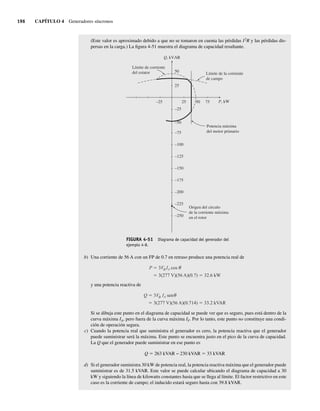 196 CAPÍTULO 4 Generadores síncronos
(Este valor es aproximado debido a que no se tomaron en cuenta las pérdidas I2
R y las pérdidas dis-
persas en la carga.) La figura 4-51 muestra el diagrama de capacidad resultante.
FIGURA 4-51 Diagrama de capacidad del generador del
ejemplo 4-8.
Q, kVAR
50
25
–25
–25 25 75
50
–75
–50
P, kW
Origen del círculo
de la corriente máxima
en el rotor
Potencia máxima
del motor primario
Límite de la corriente
de campo
Límite de corriente
del estator
–100
–125
–150
–175
–200
–225
–250
b) Una corriente de 56 A con un FP de 0.7 en retraso produce una potencia real de
P 3V IA cos
3(277 V)(56 A)(0.7) 32.6 kW
y una potencia reactiva de
Q 3V IA sen
3(277 V)(56 A)(0.714) 33.2 kVAR
Si se dibuja este punto en el diagrama de capacidad se puede ver que es seguro, pues está dentro de la
curva máxima IA, pero fuera de la curva máxima IF. Por lo tanto, este punto no constituye una condi-
ción de operación segura.
c) Cuando la potencia real que suministra el generador es cero, la potencia reactiva que el generador
puede suministrar será la máxima. Este punto se encuentra justo en el pico de la curva de capacidad.
La Q que el generador puede suministrar en ese punto es
Q 5 263 kVAR − 230 kVAR 5 33 kVAR
d) Si el generador suministra 30 kW de potencia real, la potencia reactiva máxima que el generador puede
suministrar es de 31.5 kVAR. Este valor se puede calcular ubicando el diagrama de capacidad a 30
kW y siguiendo la línea de kilowatts constantes hasta que se llega al límite. El factor restrictivo en este
caso es la corriente de campo; el inducido estará seguro hasta con 39.8 kVAR.
04_Chapman 04.indd 196
04_Chapman 04.indd 196 10/10/11 13:16:11
10/10/11 13:16:11
 