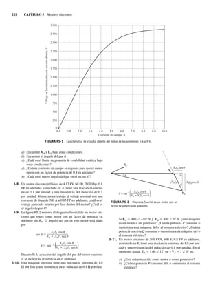 228 CAPÍTULO 5 Motores síncronos
a) Encuentre Vf y EA bajo estas condiciones.
b) Encuentre el ángulo del par d.
c) ¿Cuál es el límite de potencia de estabilidad estática bajo
estas condiciones?
d) ¿Cuánta corriente de campo se requiere para que el motor
opere con un factor de potencia de 0.8 en adelanto?
e) ¿Cuál es el nuevo ángulo del par en el inciso d)?
5-8. Un motor síncrono trifásico de 4.12 kV, 60 Hz, 3 000 hp, 0.8
FP en adelanto, conectado en D, tiene una reactancia síncro-
na de 1.1 por unidad y una resistencia del inducido de 0.1
por unidad. Si este motor trabaja al voltaje nominal con una
corriente de línea de 300 A a 0.85 FP en adelanto, ¿cuál es el
voltaje generado interno por fase dentro del motor? ¿Cuál es
el ángulo de par d?
5-9. La figura P5-2 muestra el diagrama fasorial de un motor sín-
crono que opera como motor con un factor de potencia en
adelanto sin RA. El ángulo del par de este motor está dado
por
tan 1
( XS IA cos
V XS IA sen )
tan
XS IA cos
V XS IA sen
Desarrolle la ecuación del ángulo del par del motor síncrono
si se incluye la resistencia en el inducido.
5-10. Una máquina síncrona tiene una reactancia síncrona de 1.0
V por fase y una resistencia en el inducido de 0.1 V por fase.
Si EA 5 460 ∠ −10° V y Vf 5 480 ∠ 0° V, ¿esta máquina
es un motor o un generador? ¿Cuánta potencia P consume o
suministra esta máquina del o al sistema eléctrico? ¿Cuánta
potencia reactiva Q consume o suministra esta máquina del o
al sistema eléctrico?
5-11. Un motor síncrono de 500 kVA, 600 V, 0.8 FP en adelanto,
conectado en Y, tiene una reactancia síncrona de 1.0 por uni-
dad y una resistencia del inducido de 0.1 por unidad. En el
momento actual, EA 5 1.00 ∠ 12° pu y Vf 5 1 ∠ 0° pu.
a) ¿Esta máquina actúa como motor o como generador?
b) ¿Cuánta potencia P consume del, o suministra al sistema
eléctrico?
FIGURA P5-1 Característica de circuito abierto del motor de los problemas 5-4 y 5-5.
0.0
Voltaje
en
los
terminales
con
circuito
abierto,
V
3.000
2.750
2.500
2.250
2.000
1.750
1.500
1.250
1.000
750
500
250
0
1.0 2.0 3.0 4.0 5.0
Corriente de campo, A
6.0 7.0 8.0 9.0 10.0
FIGURA P5-2 Diagrama fasorial de un motor con un
factor de potencia en adelanto.
= tan–1
( (
V
EA
IA
jXSIA XSIA cos
XSIA sen
XSIA cos
–
–—————–
V + XSIA sen
05_Chapman 05.indd 228
05_Chapman 05.indd 228 10/10/11 13:17:17
10/10/11 13:17:17
 