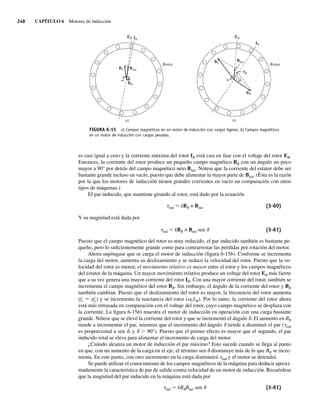 248 CAPÍTULO 6 Motores de inducción
es casi igual a cero y la corriente máxima del rotor IR está casi en fase con el voltaje del rotor ER.
Entonces, la corriente del rotor produce un pequeño campo magnético BR con un ángulo un poco
mayor a 90° por detrás del campo magnético neto Bnet. Nótese que la corriente del estator debe ser
bastante grande incluso en vacío, puesto que debe alimentar la mayor parte de Bnet. (Ésta es la razón
por la que los motores de inducción tienen grandes corrientes en vacío en comparación con otros
tipos de máquinas.)
El par inducido, que mantiene girando al rotor, está dado por la ecuación
tind 5 kBR × Bnet (3-60)
Y su magnitud está dada por
tind 5 kBR × Bnet sen d (3-61)
Puesto que el campo magnético del rotor es muy reducido, el par inducido también es bastante pe-
queño, pero lo suficientemente grande como para contrarrestar las pérdidas por rotación del motor.
Ahora supóngase que se carga el motor de inducción (figura 6-15b). Conforme se incrementa
la carga del motor, aumenta su deslizamiento y se reduce la velocidad del rotor. Puesto que la ve-
locidad del rotor es menor, el movimiento relativo es mayor entre el rotor y los campos magnéticos
del estator de la máquina. Un mayor movimiento relativo produce un voltaje del rotor ER más fuerte
que a su vez genera una mayor corriente del rotor IR. Con una mayor corriente del rotor, también se
incrementa el campo magnético del rotor BR. Sin embargo, el ángulo de la corriente del rotor y BR
también cambian. Puesto que el deslizamiento del rotor es mayor, la frecuencia del rotor aumenta
(fr 5 sfe) y se incrementa la reactancia del rotor (vrLR). Por lo tanto, la corriente del rotor ahora
está más retrasada en comparación con el voltaje del rotor, cuyo campo magnético se desplaza con
la corriente. La figura 6-15b) muestra el motor de inducción en operación con una carga bastante
grande. Nótese que se elevó la corriente del rotor y que se incrementó el ángulo d. El aumento en BR
tiende a incrementar el par, mientras que el incremento del ángulo d tiende a disminuir el par (tind
es proporcional a sen d, y d . 90°). Puesto que el primer efecto es mayor que el segundo, el par
inducido total se eleva para alimentar el incremento de carga del motor.
¿Cuándo alcanza un motor de inducción el par máximo? Esto sucede cuando se llega al punto
en que, con un aumento de la carga en el eje, el término sen d disminuye más de lo que BR se incre-
menta. En este punto, con otro incremento en la carga disminuirá tind y el motor se detendrá.
Se puede utilizar el conocimiento de los campos magnéticos de la máquina para deducir aproxi-
madamente la característica de par de salida contra velocidad de un motor de inducción. Recuérdese
que la magnitud del par inducido en la máquina está dada por
tind 5 kBRBnet sen d (3-61)
FIGURA 6-15 a) Campos magnéticos en un motor de inducción con cargas ligeras. b) Campos magnéticos
en un motor de inducción con cargas pesadas.
b)
ER
BS
BR
Bnet
IR
R
Rotor
Rotor
a)
ER
BS
BR
Bnet
IR
06_Chapman 06.indd 248
06_Chapman 06.indd 248 10/10/11 13:22:24
10/10/11 13:22:24
 