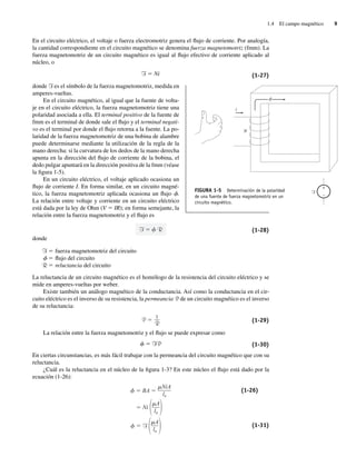 1.4 El campo magnético 9
En el circuito eléctrico, el voltaje o fuerza electromotriz genera el flujo de corriente. Por analogía,
la cantidad correspondiente en el circuito magnético se denomina fuerza magnetomotriz (fmm). La
fuerza magnetomotriz de un circuito magnético es igual al flujo efectivo de corriente aplicado al
núcleo, o
F ⫽ Ni (1-27)
donde F es el símbolo de la fuerza magnetomotriz, medida en
amperes-vueltas.
En el circuito magnético, al igual que la fuente de volta-
je en el circuito eléctrico, la fuerza magnetomotriz tiene una
polaridad asociada a ella. El terminal positivo de la fuente de
fmm es el terminal de donde sale el flujo y el terminal negati-
vo es el terminal por donde el flujo retorna a la fuente. La po-
laridad de la fuerza magnetomotriz de una bobina de alambre
puede determinarse mediante la utilización de la regla de la
mano derecha: si la curvatura de los dedos de la mano derecha
apunta en la dirección del flujo de corriente de la bobina, el
dedo pulgar apuntará en la dirección positiva de la fmm (véase
la figura 1-5).
En un circuito eléctrico, el voltaje aplicado ocasiona un
flujo de corriente I. En forma similar, en un circuito magné-
tico, la fuerza magnetomotriz aplicada ocasiona un flujo f.
La relación entre voltaje y corriente en un circuito eléctrico
está dada por la ley de Ohm (V 5 IR); en forma semejante, la
relación entre la fuerza magnetomotriz y el flujo es
F R (1-28)
donde
F 5 fuerza magnetomotriz del circuito
f 5 flujo del circuito
R 5 reluctancia del circuito
La reluctancia de un circuito magnético es el homólogo de la resistencia del circuito eléctrico y se
mide en amperes-vueltas por weber.
Existe también un análogo magnético de la conductancia. Así como la conductancia en el cir-
cuito eléctrico es el inverso de su resistencia, la permeancia P de un circuito magnético es el inverso
de su reluctancia:
P
1
R
(1-29)
La relación entre la fuerza magnetomotriz y el flujo se puede expresar como
␾ ⫽ FP (1-30)
En ciertas circunstancias, es más fácil trabajar con la permeancia del circuito magnético que con su
reluctancia.
¿Cuál es la reluctancia en el núcleo de la figura 1-3? En este núcleo el flujo está dado por la
ecuación (1-26):
BA
Ni
F
A
ln
A
ln
NiA
ln
(1-26)
(1-31)
N
f
i
F
+
–
FIGURA 1-5 Determinación de la polaridad
de una fuente de fuerza magnetomotriz en un
circuito magnético.
01_Chapman 01.indd 9
01_Chapman 01.indd 9 10/10/11 12:33:24
10/10/11 12:33:24
 
