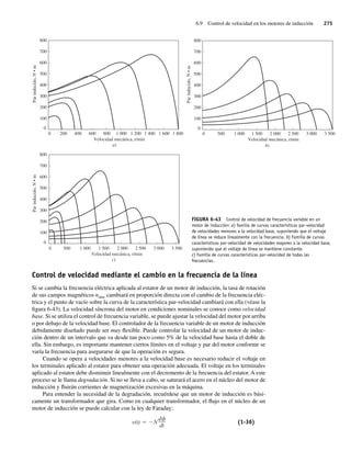 6.9 Control de velocidad en los motores de inducción 275
Control de velocidad mediante el cambio en la frecuencia de la línea
Si se cambia la frecuencia eléctrica aplicada al estator de un motor de inducción, la tasa de rotación
de sus campos magnéticos nsinc cambiará en proporción directa con el cambio de la frecuencia eléc-
trica y el punto de vacío sobre la curva de la característica par-velocidad cambiará con ella (véase la
figura 6-43). La velocidad síncrona del motor en condiciones nominales se conoce como velocidad
base. Si se utiliza el control de frecuencia variable, se puede ajustar la velocidad del motor por arriba
o por debajo de la velocidad base. El controlador de la frecuencia variable de un motor de inducción
debidamente diseñado puede ser muy flexible. Puede controlar la velocidad de un motor de induc-
ción dentro de un intervalo que va desde tan poco como 5% de la velocidad base hasta el doble de
ella. Sin embargo, es importante mantener ciertos límites en el voltaje y par del motor conforme se
varía la frecuencia para asegurarse de que la operación es segura.
Cuando se opera a velocidades menores a la velocidad base es necesario reducir el voltaje en
los terminales aplicado al estator para obtener una operación adecuada. El voltaje en los terminales
aplicado al estator debe disminuir linealmente con el decremento de la frecuencia del estator. A este
proceso se le llama degradación. Si no se lleva a cabo, se saturará el acero en el núcleo del motor de
inducción y fluirán corrientes de magnetización excesivas en la máquina.
Para entender la necesidad de la degradación, recuérdese que un motor de inducción es bási-
camente un transformador que gira. Como en cualquier transformador, el flujo en el núcleo de un
motor de inducción se puede calcular con la ley de Faraday:
v(t) N
d
dt
(1-36)
FIGURA 6-43 Control de velocidad de frecuencia variable en un
motor de inducción: a) familia de curvas características par-velocidad
de velocidades menores a la velocidad base, suponiendo que el voltaje
de línea se reduce linealmente con la frecuencia. b) Familia de curvas
características par-velocidad de velocidades mayores a la velocidad base,
suponiendo que el voltaje de línea se mantiene constante.
c) Familia de curvas características par-velocidad de todas las
frecuencias.
Velocidad mecánica, r/min
Par
inducido,
N
•
m
a)
0
0
100
200 400 600 800 1.000 1.200 1.400 1.600 1.800
200
300
400
500
600
700
800
Par
inducido,
N
•
m
0
0
Velocidad mecánica, r/min
b)
500 1.000 1.500 2.000 2.500 3.000 3.500
100
200
300
400
500
600
700
800
Par
inducido,
N
•
m
0
0
Velocidad mecánica, r/min
c)
500 1.000 1.500 2.000 2.500 3.000 3.500
100
200
300
400
500
600
700
800
06_Chapman 06.indd 275
06_Chapman 06.indd 275 10/10/11 13:22:35
10/10/11 13:22:35
 