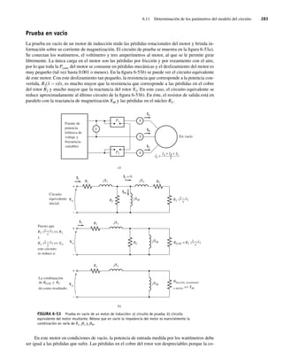 6.11 Determinación de los parámetros del modelo del circuito 283
Prueba en vacío
La prueba en vacío de un motor de inducción mide las pérdidas rotacionales del motor y brinda in-
formación sobre su corriente de magnetización. El circuito de prueba se muestra en la figura 6-53a).
Se conectan los watímetros, el voltímetro y tres amperímetros al motor, al que se le permite girar
libremente. La única carga en el motor son las pérdidas por fricción y por rozamiento con el aire,
por lo que toda la Pconv del motor se consume en pérdidas mecánicas y el deslizamiento del motor es
muy pequeño (tal vez hasta 0.001 o menos). En la figura 6-53b) se puede ver el circuito equivalente
de este motor. Con este deslizamiento tan pequeño, la resistencia que corresponde a la potencia con-
vertida, R2(1 − s)/s, es mucho mayor que la resistencia que corresponde a las pérdidas en el cobre
del rotor R2 y mucho mayor que la reactancia del rotor X2. En este caso, el circuito equivalente se
reduce aproximadamente al último circuito de la figura 6-53b). En éste, el resistor de salida está en
paralelo con la reactancia de magnetización XM y las pérdidas en el núcleo RC.
FIGURA 6-53 Prueba en vacío de un motor de inducción: a) circuito de prueba; b) circuito
equivalente del motor resultante. Nótese que en vacío la impedancia del motor es esencialmente la
combinación en serie de R1, jX1 y jXM.
a)
b)
En vacío
Fuente de
potencia
trifásica de
voltaje y
frecuencia
variables
Puesto que
Circuito
equivalente
inicial:
+
–
A
A
IC
I1
I2 = 0
IM
R1 R2
R2 ( )
jX1
jXM
RC
RC
jX2
IB
IA
IL =
P2
Vø
P1
IA + IB + IC
–––––
–––––
3
V
1 – s
––––
s
R2 ( )  R2
y
R2 ( )  X2,
este circuito
se reduce a:
1 – s
––––
s
1 – s
––––
s
+
–
I1 R1
R2 ( )
RFyW =
jX1
jXM
Vø
1 – s
––––
s
La combinación
da como resultado:
RFyW y
de RC
Rfricción, rozamiento
y núcleo  XM
+
–
R1
jX1
jXM
Vø
A
En este motor en condiciones de vacío, la potencia de entrada medida por los wattímetros debe
ser igual a las pérdidas que sufre. Las pérdidas en el cobre del rotor son despreciables porque la co-
06_Chapman 06.indd 283
06_Chapman 06.indd 283 10/10/11 13:22:37
10/10/11 13:22:37
 
