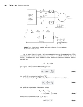 286 CAPÍTULO 6 Motores de inducción
Una vez que se fijaron el voltaje y la frecuencia para la prueba, se ajusta rápidamente el flujo
de corriente en el motor a un valor cercano al valor nominal y se miden la potencia de entrada, el
voltaje y la corriente antes de que el rotor se caliente demasiado. La potencia de entrada al motor
está dada por
P 3VT IL cos
por lo que el factor de potencia del rotor bloqueado es
FP cos
Pentr
3VT IL
(6-62)
y el ángulo de impedancia u es igual a cos−1
FP.
En este momento, la magnitud de la impedancia total en el circuito del motor es
ZRB
V
I1
VT
3IL
(6-63)
y el ángulo de la impedancia total es u. Por lo tanto,
ZRB cos j ZRB sen
ZRB RRB jXRB
(6-64)
La resistencia del rotor bloqueado RRB es igual a
RRB R1 R2 (6-65)
FIGURA 6-55 Prueba de rotor bloqueado de un motor de inducción: a) circuito de prueba;
b) circuito equivalente del motor.
a)
b)
Rotor
bloqueado
Fuente de
potencia
trifásica de
voltaje y
frecuencia
ajustables
A
A
a
b
c
IC
I1 I2
R1
= R2
jX1
j XM
RC
jX2
IB
IA
IL = ≈ ILnom
P
fr = fe = fprueba
V
f
P
IA + IB + IC
–––––
–––––
3
R2
–
––
s
V
XM  uR2 + jX2u
RC  uR2 + jX2u
Por lo que se desprecia
RC y XM
A
06_Chapman 06.indd 286
06_Chapman 06.indd 286 10/10/11 13:22:38
10/10/11 13:22:38
 