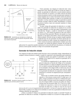 290 CAPÍTULO 6 Motores de inducción
Como generador, una máquina de inducción tiene varias
limitaciones serias. Puesto que le falta un circuito de campo se-
parado, un generador de inducción no puede producir potencia
reactiva. De hecho, la consume y se le debe conectar una fuente
externa de potencia reactiva en todo momento para mantener el
campo magnético de su estator. Esta fuente externa de potencia
reactiva también debe controlar el voltaje en los terminales del
generador: si no hay corriente de campo, un generador no puede
controlar su propio voltaje de salida. Normalmente, el sistema
de potencia externo al que está conectado mantiene el voltaje
del generador.
La gran ventaja del generador de inducción es su simpli-
cidad. Un generador de inducción no requiere de un circuito
de campo separado y no tiene que operar continuamente a una
velocidad fija. Siempre y cuando la velocidad de la máquina
sea mayor a nsinc del sistema de potencia al que está conecta-
do, funcionará como generador. Mientras más grande sea el par
aplicado a su eje (hasta cierto punto), mayor será la potencia de
salida resultante. El hecho de que no requiere ningún regulador
complicado hace de este generador una buena opción para uti-
lizarlo en molinos de viento, sistemas de recuperación de calor
y otros sistemas de potencia suplementarios similares que están
conectados a un sistema de potencia existente. En este tipo de
aplicaciones los capacitores pueden suministrar la corrección del factor de potencia y el sistema de
potencia externo puede controlar el voltaje en los terminales del generador.
Generador de inducción aislado
Una máquina de inducción también puede funcionar como un generador aislado, independiente de
cualquier sistema de potencia, siempre y cuando los capacitores estén disponibles para suministrar
la potencia reactiva que requiere el generador y las cargas
añadidas. En la figura 6-59 se muestra un generador de in-
ducción aislado.
La corriente de magnetización IM que requiere una má-
quina de inducción en función del voltaje en los terminales
se puede encontrar si se opera la máquina como motor en va-
cío y se mide la corriente del inducido en función del voltaje
en los terminales. En la figura 6-60a) se ilustra una curva de
magnetización como ésta. Para lograr cierto nivel de voltaje
en un generador de inducción, los capacitores externos deben
suministrar la corriente de magnetización que corresponde a
ese nivel.
Puesto que la corriente reactiva que puede producir un
capacitor es directamente proporcional al voltaje que se le
aplica, el lugar geométrico de todas las combinaciones posi-
bles de voltaje y corriente a través de un capacitor es una línea
recta. En la figura 6-60b) se muestra esta gráfica de voltaje y
corriente para una frecuencia dada. Si se conecta un conjun-
to trifásico de capacitores a través de los terminales de un
generador de inducción, el voltaje en vacío de éste será la
intersección de la curva de magnetización del generador y la línea de carga del capacitor. En la
figura 6-60c) se puede ver el voltaje en los terminales en vacío de un generador de inducción de tres
conjuntos diferentes de capacitancia.
¿Cómo se acumula el voltaje en un generador de inducción cuando se enciende? Cuando un
generador de inducción se enciende, el magnetismo residual en su circuito de campo produce un
FIGURA 6-58 Característica par-velocidad de una máquina de
inducción que muestra la región de operación del generador. Nótese
el par máximo del generador.
Par
inducido,
N
•
m
Velocidad mecánica, r/min
nsinc
0
–1.500
–1.000
–500
0
0
500
1.000 2.000 3.000
Par máximo
del generador
Región del
generador
Región
del motor
FIGURA 6-59 Generador de inducción aislado con un banco de
capacitores para suministrar potencia reactiva.
P
Generador
de inducción
trifásico
Terminales
Banco de capacitores
A las cargas
Q P
Q
Q
IL
06_Chapman 06.indd 290
06_Chapman 06.indd 290 10/10/11 13:22:40
10/10/11 13:22:40
 
