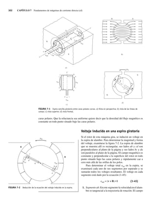302 CAPÍTULO 7 Fundamentos de máquinas de corriente directa (cd)
caras polares. Que la reluctancia sea uniforme quiere decir que la densidad del flujo magnético es
constante en todo punto situado bajo las caras polares.
Voltaje inducido en una espira giratoria
Si el rotor de esta máquina gira, se inducirá un voltaje en
la espira de alambre. Para determinar la magnitud y forma
del voltaje, examínese la figura 7-2. La espira de alambre
que se muestra allí es rectangular, sus lados ab y cd son
perpendiculares al plano de la página y sus lados bc y da
son paralelos al plano de la página. El campo magnético es
constante y perpendicular a la superficie del rotor en todo
punto situado bajo las caras polares y rápidamente cae a
cero más allá de las orillas de los polos.
Para determinar el voltaje total etot en la espira, se
examinará cada uno de sus segmentos por separado y se
sumarán todos los voltajes resultantes. El voltaje en cada
segmento está dado por la ecuación (1-45):
eind = (v × B) • l (1-45)
1. Segmento ab. En este segmento la velocidad en el alam-
bre es tangencial a la trayectoria de rotación. El campo
N
S
a)
o
o'
i
i
eind
etot
eba
em
a
c
C
L
b
d
r
i
+
–
edc
b)
S
N
c)
o
d
l
i
c
a
b
o'
etot
edc eba
+
+
–
–
–
+
em
d)
vcd
r
Fab
+
Fcb
vab
N
S
B
B
FIGURA 7-1 Espira sencilla giratoria entre caras polares curvas. a) Vista en perspectiva; b) vista de las líneas de
campo; c) vista superior; d) vista frontal.
vab
B
B
vcd
a
r
d
c
b
em
FIGURA 7-2 Deducción de la ecuación del voltaje inducido en la espira.
07_Chapman 07.indd 302
07_Chapman 07.indd 302 10/10/11 13:23:30
10/10/11 13:23:30
 