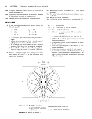 342 CAPÍTULO 7 Fundamentos de máquinas de corriente directa (cd)
7-10. Explique el problema de voltaje L di/dt en los conductores en
proceso de conmutación.
7-11. ¿Cómo afecta el desplazamiento de las escobillas al problema
de generación de chispas en las máquinas de cd?
7-12. ¿Qué son los polos de conmutación? ¿Cómo se utilizan?
7-13. ¿Qué son los devanados de compensación? ¿Cuál es su peor
desventaja?
7-14. ¿Por qué se utilizan polos laminados en las máquinas moder-
nas de cd?
7-15. ¿Qué es una clase de aislamiento?
7-16. ¿Qué tipos de pérdidas se presentan en una máquina de cd?
PROBLEMAS
7-1. Se tiene la siguiente información sobre la espira giratoria sen-
cilla de la figura 7-6:
B 0.4 T VB 48 V
l 0.5 m R 0.4
r 0.25 m 500 rad/s
a) ¿Esta máquina opera como motor o como generador? Ex-
plique.
b) ¿Qué es la corriente i que fluye hacia o desde la máquina?
¿Qué potencia fluye hacia o desde la máquina?
c) Si se cambia la velocidad del rotor a 550 rad/s, ¿qué suce-
dería con el flujo de corriente hacia o desde la máquina?
d) Si se cambia la velocidad del rotor a 450 rad/s, ¿qué suce-
dería con el flujo de corriente hacia o desde la máquina?
7-2. Remítase a la máquina simple de dos polos y ocho bobinas
que se muestra en la figura P7-1. Se tiene la siguiente infor-
mación sobre la máquina:
B 1.0 T en entrehierro
l 0.3 m (longitud de los lados de la bobina)
r 0.10 m (radio de las bobinas)
n 1 800 r/min en sentido contrario al de las manecillas
del reloj
La resistencia de cada bobina del rotor es de 0.04 V.
a) ¿El devanado del inducido que se muestra es un devanado
regresivo o progresivo?
b) ¿Cuántas trayectorias de corriente hay a través del induci-
do de la máquina?
c) ¿Cuál es la magnitud y polaridad del voltaje en las esco-
billas de la máquina?
d) ¿Cuál es la resistencia del inducido RA de la máquina?
e) Si se conecta un resistor de 5 V a los terminales de la
máquina, ¿cuánta corriente fluirá en los terminales? Con-
sidere la resistencia interna de la máquina para determinar
el flujo de corriente.
20° 20°
1⬘
2⬘
6
3⬘
7
4⬘
8
5⬘
1
6⬘
2
7⬘
3
8⬘
4
5
x y
1
2 3
4
5
6
7
8
N S
Zona
muerta
Información dada: B
l
r
n
= 1.0 T en el entrehierro
= 0.3 m (longitud de los lados)
= 0.10 m (radio de las bobinas)
= 1800 r/min
Líneas en este lado del rotor
Líneas en el otro lado del rotor
FIGURA P7-1 Máquina del problema 7-2.
07_Chapman 07.indd 342
07_Chapman 07.indd 342 10/10/11 13:23:47
10/10/11 13:23:47
 