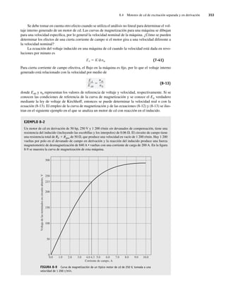 8.4 Motores de cd de excitación separada y en derivación 353
Se debe tomar en cuenta otro efecto cuando se utiliza el análisis no lineal para determinar el vol-
taje interno generado de un motor de cd. Las curvas de magnetización para una máquina se dibujan
para una velocidad específica, por lo general la velocidad nominal de la máquina. ¿Cómo se pueden
determinar los efectos de una cierta corriente de campo si el motor gira a una velocidad diferente a
la velocidad nominal?
La ecuación del voltaje inducido en una máquina de cd cuando la velocidad está dada en revo-
luciones por minuto es
EA K nm (7-41)
Para cierta corriente de campo efectiva, el flujo en la máquina es fijo, por lo que el voltaje interno
generado está relacionado con la velocidad por medio de
EA
EA0
nm
n0
(8-13)
donde EA0 y n0 representan los valores de referencia de voltaje y velocidad, respectivamente. Si se
conocen las condiciones de referencia de la curva de magnetización y se conoce el EA verdadero
mediante la ley de voltaje de Kirchhoff, entonces se puede determinar la velocidad real n con la
ecuación (8-13). El empleo de la curva de magnetización y de las ecuaciones (8-12) y (8-13) se ilus-
tran en el siguiente ejemplo en el que se analiza un motor de cd con reacción en el inducido.
EJEMPLO 8-2
Un motor de cd en derivación de 50 hp, 250 V y 1 200 r/min sin devanados de compensación, tiene una
resistencia del inducido (incluyendo las escobillas y los interpolos) de 0.06 V. El circuito de campo tiene
una resistencia total de RF 1 Rajus de 50 V, que produce una velocidad en vacío de 1 200 r/min. Hay 1 200
vueltas por polo en el devanado de campo en derivación y la reacción del inducido produce una fuerza
magnetomotriz de desmagnetización de 840 A • vueltas con una corriente de carga de 200 A. En la figura
8-9 se muestra la curva de magnetización de esta máquina.
FIGURA 8-9 Curva de magnetización de un típico motor de cd de 250 V, tomada a una
velocidad de 1 200 r/min.
300
250
200
150
100
50
0
233
0.0 1.0 2.0 3.0 4.0 4.3 5.0 6.0 7.0 8.0 9.0 10.0
Voltaje
de
las
terminales
en
circuito
abierto,
V
Corriente de campo, A
08_Chapman 08.indd 353
08_Chapman 08.indd 353 10/10/11 13:24:57
10/10/11 13:24:57
 