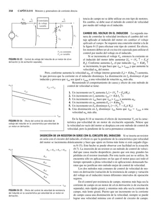 358 CAPÍTULO 8 Motores y generadores de corriente directa
tencia de campo no se debe utilizar en este tipo de motores.
En cambio, se debe usar el método de control de velocidad
por medio del voltaje en el inducido.
CAMBIO DEL VOLTAJE EN EL INDUCIDO La segunda ma-
nera de controlar la velocidad involucra el cambio del vol-
taje aplicado al inducido del motor sin cambiar el voltaje
aplicado al campo. Se requiere una conexión similar a la de
la figura 8-13 para efectuar este tipo de control. En efecto,
los motores deben ser de excitación separada para utilizar el
control por medio del voltaje en el inducido.
Si se incrementa el voltaje VA, entonces la corriente en
el inducido del motor debe aumentar [IA 5 (VA ↑ − EA)/
RA]. Conforme aumenta IA, el par inducido tind 5 KfIA ↑
se incrementa, lo que hace que tind  tcarga y que aumente la
velocidad vm del motor.
Pero, conforme aumenta la velocidad vm, el voltaje interno generado EA(5 Kfvm↑) aumenta,
lo que provoca que la corriente en el inducido disminuya. La disminución en IA disminuye el par
inducido y provoca que tind sea igual a tcarga a una velocidad de rotación vm más alta.
Resumiendo el comportamiento de causa y efecto de este método de
control de velocidad se tiene:
1. Un incremento en VA aumenta IA [5 (VA ↑ − EA)/RA).
2. Un incremento en IA aumenta tind (5 Kf IA ↑).
3. Un incremento en tind hace que tind  tcarga y aumenta vm.
4. Un incremento en vm aumenta EA (5 Kfvm↑).
5. Un incremento en EA disminuye IA [5 (VA ↑ − EA)/ RA].
6. Una disminución en IA disminuye tind hasta que tind 5 tcarga a una
velocidad vm más alta.
En la figura 8-14 se muestra el efecto de incrementar VA en la carac-
terística par-velocidad de un motor de excitación separada. Nótese que
la velocidad en vacío del motor se desplaza con este método de control de
velocidad, pero la pendiente de la curva permanece constante.
INSERCIÓN DE UN RESISTOR EN SERIE CON EL CIRCUITO DEL INDUCIDO Si se inserta un resistor
en serie con el circuito del inducido, el efecto es que la pendiente de la característica par-velocidad
del motor se incrementa drásticamente y hace que opere en forma más lenta si está cargado (figu-
ra 8-15). Este hecho se puede observar con facilidad en la ecuación
(8-7). La inserción de un resistor es un método de control de veloci-
dad que causa mucho desperdicio, puesto que son muy grandes las
pérdidas en el resistor insertado. Por esta razón casi no se utiliza. Se
encuentra sólo en aplicaciones en las que el motor pasa casi todo el
tiempo operando a plena velocidad o en aplicaciones demasiado ba-
ratas que no justifican otro método mejor de control de velocidad.
Los dos métodos más comunes de control de velocidad de mo-
tores en derivación (variación de la resistencia de campo y variación
del voltaje en el inducido) tienen diferentes intervalos de operación
seguros.
En el control por resistencia de campo, mientras más baja sea la
corriente de campo en un motor de cd en derivación (o de excitación
separada), más rápido girará; y mientras más alta sea la corriente de
campo, más lento girará. Puesto que un incremento en la corriente
de campo causa una disminución de la velocidad, siempre se puede
lograr una velocidad mínima con el control de circuito de campo.
FIGURA 8-13 Control de voltaje del inducido de un motor de cd en
derivación (o de excitación separada).
+
–
Controlador
de voltaje
variable
EA
IA IL
IF
RF
LF
VT
VT es constante
VA es variable
VA
RA
+
+
–
–
FIGURA 8-14 Efecto del control de velocidad de
voltaje del inducido en la característica par-velocidad de
un motor en derivación.
m
ind
VA2
VA2  VA1
V
t
A1
FIGURA 8-15 Efecto del control de velocidad de resistencia
del inducido en la característica par-velocidad de un motor en
derivación.
m
ind
RA1  RA2  RA3  RA4
RA1
RA2
RA3
R
t
A4
08_Chapman 08.indd 358
08_Chapman 08.indd 358 10/10/11 13:24:59
10/10/11 13:24:59
 