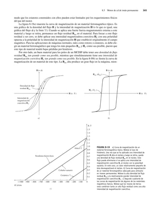 8.5 Motor de cd de imán permanente 365
modo que los estatores construidos con ellos pueden estar limitados por los requerimientos físicos
del par del motor.
La figura 8-19a) muestra la curva de magnetización de un material ferromagnético típico. Es
una gráfica de la densidad del flujo B y la intensidad de magnetización H (o lo que es igual, una
gráfica del flujo f y la fmm F). Cuando se aplica una fuerte fuerza magnetomotriz externa a este
material y luego se retira, permanece un flujo residual Bres en el material. Para forzar a este flujo
residual a ser cero, se debe aplicar una intensidad magnetizadora coercitiva HC con una polaridad
opuesta a la polaridad de la intensidad de magnetización H que estableció originalmente el campo
magnético. Para las aplicaciones de máquinas normales, tales como rotores o estatores, se debe ele-
gir un material ferromagnético que tenga los más pequeños Bres y HC como sea posible, puesto que
este tipo de material tendrá bajas pérdidas por histéresis.
Por otro lado, un buen material para los polos de un MCDIP debe tener una densidad de flujo
residual Bres tan grande como sea posible, mientras que simultáneamente tiene una intensidad de
magnetización coercitiva HC tan grande como sea posible. En la figura 8-l9b) se ilustra la curva de
magnetización de un material de este tipo. La Bres alta produce un gran flujo en la máquina, mien-
Densidad de flujo
residual Bres
Intensidad de
magnetización
coercitiva HC
B f
(o )
H (o )
a)
B f
f
(o )
Bres ( res)
H (o )
b)
HC ( C )
c)
Alnico 5
1.5
1.4
1.3
1.2
1.1
1.0
0.9
0.8
0.7
0.6
0.5
0.4
0.3
0.2
0.1
–1 000 –900 –800 –700 –600 –500 –400 –300 –200 –100 0
Neodimio-hierro-boro
H, kA/m
Cobalto-samario
Cerámico 7
B, T
FIGURA 8-19 a) Curva de magnetización de un
material ferromagnético típico. Nótese el lazo de
histéresis. Una vez que se ha aplicado una intensidad de
magnetización H alta al núcleo y luego se retira, queda
una densidad de ﬂujo residual Bres en el núcleo. Este
ﬂujo puede eliminarse si se aplica una intensidad de
magnetización coercitiva HC al núcleo con la polaridad
opuesta. En este caso, un valor relativamente pequeño de
ésta desmagnetizará el núcleo. b) Curva de magnetización
de un material ferromagnético adecuado para utilizarlo
en imanes permanentes. Nótese la alta densidad de ﬂujo
residual Bres y la relativamente grande intensidad de
magnetización coercitiva HC. c) Segundo cuadrante de
las curvas de magnetización de algunos de los materiales
magnéticos típicos. Nótese que los imanes de tierras
raras combinan tanto un alto ﬂujo residual como una alta
intensidad de magnetización coercitiva.
08_Chapman 08.indd 365
08_Chapman 08.indd 365 10/10/11 13:25:01
10/10/11 13:25:01
 