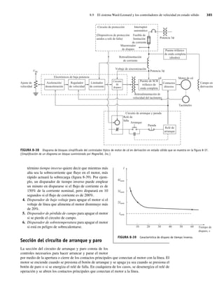 8.9 El sistema Ward-Leonard y los controladores de velocidad en estado sólido 385
FIGURA 8-38 Diagrama de bloques simpliﬁcado del controlador típico de motor de cd en derivación en estado sólido que se muestra en la ﬁgura 8-37.
(Simpliﬁcación de un diagrama en bloque suministrado por MagneTek, Inc.)
Circuito de arranque y parada
Voltaje de sincronización
Retroalimentación
de corriente
Potencia 3
Potencia 3
Circuito de protección Interruptor
automático
Muestreador
de disparo
Fusible de
limitación
de corriente
(Dispositivos de protección
unidos a relé de falla)
Retroalimentación de
velocidad del tacómetro
Contactos
directos
Circuito
de
disparo
Limitador
de corriente
Regulador
de velocidad
Electrónicos de baja potencia
Aceleración/
desaceleración
Ajuste de
velocidad
Motor de cd
Campo en
derivación
cd
Tacómetro
Arranque
Parada
Relé de
falla
Relé de
arranque
Puente de SCR
trifásico de
onda completa
Puente trifásico
de onda completa
(diodos)
VDC
término tiempo inverso quiere decir que mientras más
alta sea la sobrecorriente que fluye en el motor, más
rápido actuará la sobrecarga (figura 8-39). Por ejem-
plo, un disparador de tiempo inverso puede emplear
un minuto en dispararse si el flujo de corriente es de
150% de la corriente nominal, pero disparará en 10
segundos si el flujo de corriente es de 200%.
4. Disparador de bajo voltaje para apagar el motor si el
voltaje de línea que alimenta el motor disminuye más
de 20%.
5. Disparador de pérdida de campo para apagar el motor
si se pierde el circuito de campo.
6. Disparador de sobretemperatura para apagar el motor
si está en peligro de sobrecalentarse.
Sección del circuito de arranque y paro
La sección del circuito de arranque y paro consta de los
controles necesarios para hacer arrancar y parar el motor
por medio de la apertura o cierre de los contactos principales que conectan al motor con la línea. El
motor se enciende cuando se presiona el botón de arranque y se apaga ya sea cuando se presiona el
botón de paro o si se energiza el relé de falla. En cualquiera de los casos, se desenergiza el relé de
operación y se abren los contactos principales que conectan el motor a la línea.
FIGURA 8-39 Característica de disparo de tiempo inverso.
10
Inom
I
20 30 40 50 60 Tiempo de
disparo, s
2Inom
3Inom
4Inom
08_Chapman 08.indd 385
08_Chapman 08.indd 385 10/10/11 13:25:09
10/10/11 13:25:09
 