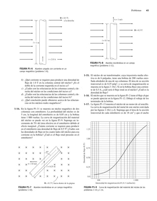 Problemas 45
1-15. El núcleo de un transformador, cuya trayectoria media efec-
tiva es de 6 pulgadas, tiene una bobina de 200 vueltas enro-
llada alrededor de una de sus columnas. El área de su sección
transversal es de 0.25 pulg2
, y su curva de magnetización se
muestra en la figura 1-10c). Si en la bobina fluye una corrien-
te de 0.3 A, ¿cuál será el flujo total en el núcleo? ¿Cuál es la
densidad de flujo?
1-16. El núcleo que se muestra en la figura P1-2 tiene el flujo f que
se puede apreciar en la figura P1-12. Dibuje el voltaje de los
terminales de la bobina.
1-17. La figura P1-13 muestra el núcleo de un motor de cd sencillo.
La curva de magnetización del metal de este núcleo está dada
por las figuras 1-10c) y d). Suponga que el área de la sección
transversal de cada entrehierro es de 18 cm2
y que el ancho
i = 2.0 A
l = 1 m
B = 0.5 T,
a la derecha
FIGURA P1-6 Alambre cargado con corriente en un
campo magnético (problema 1-9).
× × × × × ×
B = 0.2 T, hacia dentro de la página
l = 0.25 m
45°
v = 10 m/s
× × × × × × ×
× × × × × ×
× × × × ×
× × × × × ×
× × × × × × ×
FIGURA P1-7 Alambre moviéndose en un campo magnético
(problema 1-10).
FIGURA P1-8 Alambre moviéndose en un campo
magnético (problema 1-11).
v = 1 m/s
l = 0.5 m
B = 0.5 T
0.0
0.25
100
Densidad
de
flujo
B
(T)
Intensidad de magnetización H (A • vueltas/m)
1.000
0.50
0.75
1.00
1.25
b) ¿Qué corriente se requiere para producir una densidad de
flujo de 1.0 T en la columna central del núcleo? ¿Es el
doble de la corriente requerida en el inciso a)?
c) ¿Cuáles son las reluctancias de las columnas central y de-
recha del núcleo en las condiciones del inciso a)?
d) ¿Cuáles son las reluctancias de las columnas central y de-
recha del núcleo en las condiciones del inciso b)?
e) ¿Qué conclusión puede obtenerse acerca de las reluctan-
cias en los núcleos reales magnéticos?
1-14. En la figura P1-11 se muestra un núcleo magnético de dos
columnas con entrehierro. La profundidad del núcleo es de
5 cm, la longitud del entrehierro es de 0.05 cm y la bobina
tiene 1 000 vueltas. La curva de magnetización del material
del núcleo se puede ver en la figura P1-9. Suponga un in-
cremento de 5% del área efectiva en el entrehierro debido al
efecto marginal. ¿Cuánta corriente se requiere para producir
en el entrehierro una densidad de flujo de 0.5 T? ¿Cuáles son
las densidades de flujo en los cuatro lados del núcleo para esa
corriente en la bobina? ¿Cuál es el flujo total presente en el
entrehierro?
FIGURA P1-9 Curva de magnetización del material del núcleo de los
problemas 1-12 y 1-14.
01_Chapman 01.indd 45
01_Chapman 01.indd 45 10/10/11 12:33:43
10/10/11 12:33:43
 