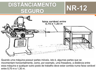 Quando uma máquina possuir partes móveis, isto é, algumas partes que se
movimentam horizontalmente, como, por exemplo, uma fresadora, a distância entre
essa máquina e qualquer outro posto de trabalho deve estar contida numa faixa variável
entre 0,70 m e 1,30 m.
NR-12
 