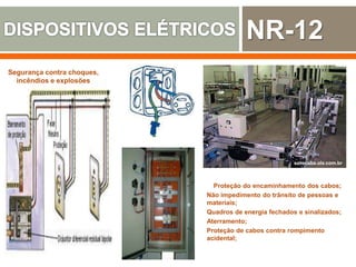 Segurança contra choques,
incêndios e explosões
sorocaba.olx.com.br
Proteção do encaminhamento dos cabos;
Não impedimento do trânsito de pessoas e
materiais;
Quadros de energia fechados e sinalizados;
Aterramento;
Proteção de cabos contra rompimento
acidental;
NR-12
 