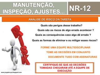 NR-12
ANÁLISE DE RISCO DA TAREFA
Quais são perigos desse trabalho?
Quais são os riscos de algo errado acontecer ?
Quais as formas de eliminar e ou mitigar esses riscos?
Quais as consequências caso algo dê errado ?
FORME UMA EQUIPE MULTIDISCIPLINAR
TOME AS DECISÕES EM CONJUNTO
DOCUMENTE TUDO COM ASSINATURAS
CERTIFIQUE-SE QUE AS DECISÕES
TOMADAS CHEGARAM ATÉ A EQUIPE DE
EXECUÇÃO
www.jorgeteruya.blogspot.com
 