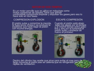 MOTOR DE DOS TIEMPOS Es un motor sencillo que se utiliza en máquinas como motos,cortadoras de cesped.Tiene que admitir combustible,comprimirlo,explotar y expulsar los gases,pero eso lo hace solo en dos fases. COMPRESION-EXPLOSION  ESCAPE-COMPRESIÓN El pistón sube y comprime la mezcla,  Cuando el pistón está abajo la bujia lanza chispa y se produce la  salen los gases por el escape explosion que hace bajar al pistón  y al mismo tiempo entra gaso- con mucha energia.  lina y aire por la lumbrera,el  pistón sube y empieza de nuevo el proceso. Dentro del cilindro hay aceite que sirve para evitar el rose,pero de tanto moverse el piston,ese se calienta,que es refrigerado por una rajillas de ventilacion. 