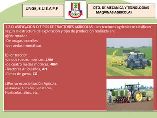 1.2 CLASIFICACION O TIPOS DE TRACTORES AGRICOLAS : Los tractores agrícolas se clasifican
según la estructura de explotación y tipo de producción realizada en:
a)Por rotado :
-De orugas o carriles
-de ruedas neumáticas
b)Por tracción :
-de dos ruedas motrices, 2RM
-de cuatro ruedas motrices, 4RM
-Tractores Articulados, Art
-Cintas de goma, CG
c)Por su especialización Agrícola:
-estandar, fruteros, viñateros ,
Horticolas, altos, etc.
 