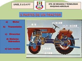 a) Motor
b) Transmisión
c) Direccion
d) Sistema
Hidraulico
e) Las reudas
 