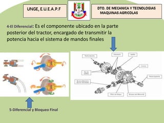 4-El Diferencial: Es el componente ubicado en la parte
posterior del tractor, encargado de transmitir la
potencia hacia el sistema de mandos finales
5-Diferencial y Bloqueo Final
 