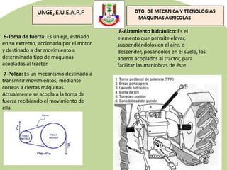 6-Toma de fuerza: Es un eje, estriado
en su extremo, accionado por el motor
y destinado a dar movimiento a
determinado tipo de máquinas
acopladas al tractor.
7-Polea: Es un mecanismo destinado a
transmitir movimientos, mediante
correas a ciertas máquinas.
Actualmente se acopla a la toma de
fuerza recibiendo el movimiento de
ella.
8-Alzamiento hidráulico: Es el
elemento que permite elevar,
suspendiéndolos en el aire, o
descender, posándolos en el suelo, los
aperos acoplados al tractor, para
facilitar las maniobras de éste.
 