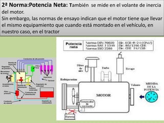 2ª Norma:Potencia Neta: También se mide en el volante de inercia
del motor.
Sin embargo, las normas de ensayo indican que el motor tiene que llevar
el mismo equipamiento que cuando está montado en el vehículo, en
nuestro caso, en el tractor
 