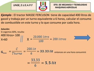 Ejemplo : El tractor MASSE FERCUSON tiene de capacidad 400 litros de
gasoil y trabaja por un turno equivalente a 6 horas, calcular el consumo
de combustible en este turno y lo que consume por cada hora.
Solución:
Si cogemos 60%, resulta:
400 litros= 100
X=60 X
Ghcom entonces en una hora consumirá:
 