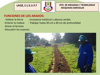 FUNCIONES DE LOS ARADOS:
-Voltear la tierra - Incorporar estiércol y abonos verdes
-Enterar la maleza - Trabajar hasta 30 cm a 40 cm de profundidad
-Airear el terreno
-Descubrir los insectos
 