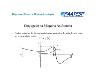 Máquinas Elétricas – Motores de Indução
Conjugado na Máquina Assíncrona
• Dada a natureza da formação do torque no motor de indução, ele pode
ser representado como:
 