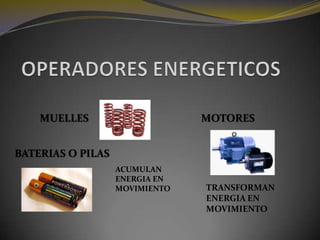 OPERADORES ENERGETICOSMUELLESMOTORESBATERIAS O PILASACUMULAN ENERGIA EN MOVIMIENTOTRANSFORMAN ENERGIA EN MOVIMIENTO