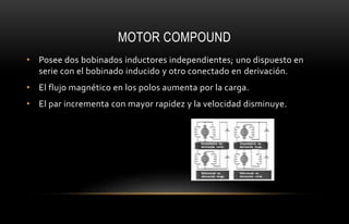 MOTOR COMPOUND
• Posee dos bobinados inductores independientes; uno dispuesto en
serie con el bobinado inducido y otro conectado en derivación.
• El flujo magnético en los polos aumenta por la carga.
• El par incrementa con mayor rapidez y la velocidad disminuye.
 