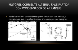 MOTORES CORRIENTE ALTERNA, FASE PARTIDA
CON CONDENSADOR DE ARRANQUE.
• Posee los mismos componentes que un motor con fase partida, a
excepción de que el arrollamiento de arranque posee un capacitor
electrolítico conectado en serie.
 