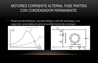 MOTORES CORRIENTE ALTERNA, FASE PARTIDA
CON CONDENSADOR PERMANENTE.
• Posee las dos bobinas, una de trabajo y otra de arranque; y un
capacitor conectado en serie al arrollamiento de arranque.
 