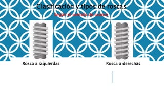 Según el sentido de avance
Clasificación y tipos de roscas
Rosca a izquierdas Rosca a derechas
 