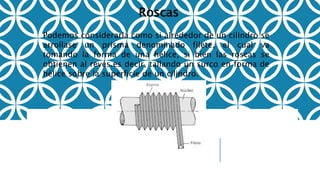 Roscas
Podemos considerarla como si alrededor de un cilindro se
arrollase un prisma denominado filete, el cual va
tomando la forma de una hélice, si bien las roscas se
obtienen al revés.es decir, tallando un surco en forma de
hélice sobre la superficie de un cilindro.
 
