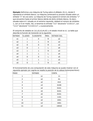 Ejemplo Definimos una máquina de Turing sobre el alfabeto {0,1}, donde 0
representa el símbolo blanco. La máquina comenzará su proceso situada sobre un
símbolo ―1″ de una serie. La máquina de Turing copiará el número de símbolos ―1″
que encuentre hasta el primer blanco detrás de dicho símbolo blanco. Es decir,
situada sobre el 1 situado en el extremo izquierdo, doblará el número de símbolos
1, con un 0 en medio. Así, si tenemos la entrada ―111″ devolverá ―1110111″, con
―1111″ devolverá ―111101111″, y sucesivamente.

El conjunto de estados es {s1,s2,s3,s4,s5} y el estado inicial es s1. La tabla que
describe la función de transición es la siguiente:
ESTADO      S.LEIDO     S.ESCRITO        MOV.    ESTADO SIG.
    s1           1             0            R             s2
    s2           1             1            R             s2
    s2           0             0            R             s3
    s3           0             1            L             s4
    s3           1             1            R             s3
    s4           1             1            L             s4
    s4           0             0            L             s5
    s5           1             1            L             s5
    s5           0             1            R             s1


El funcionamiento de una computación de esta máquina se puede mostrar con el
siguiente ejemplo (en negrita se resalta la posición de la cabeza lectora/escritora):
PASO                    ESTADO                   CINTA
           1                       s1                     11
           2                       s2                     01
           3                       s2                    010
           4                       s3                    0100
           5                       s4                    0101
           6                       s5                    0101
           7                       s5                    0101
           8                       s1                    1101
           9                       s2                    1001
          10                       s3                    1001
          11                       s3                  10010
 
