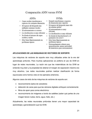 21
APLICACIONES DE LAS MÁQUINAS DE VECTORES DE SOPORTE
Las máquinas de vectores de soporte eran muy utilizadas antes de la era del
aprendizaje profundo. Para muchas aplicaciones se prefería el uso de SVM en
lugar de redes neuronales. La razón era que las matemáticas de los SVM se
entiende muy bien y la propiedad de obtener el margen de separación máximo era
muy atractivo. Las redes neuronales podrían realizar clasificación de forma
equivocada como hemos visto en los ejemplos anteriores.
Algunos casos de éxito de las máquinas de vectores de soporte son:
 reconocimiento óptico de caracteres
 detección de caras para que las cámaras digitales enfoquen correctamente
 filtros de spam para correo electrónico
 reconocimiento de imágenes a bordo de satélites (saber qué partes de una
imagen tienen nubes, tierra, agua, hielo, etc.)
Actualmente, las redes neuronales profundas tienen una mayor capacidad de
aprendizaje y generalización que los SVM.
 