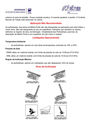 máxima da área de trabalho. Possui proteção acústica. O assento ajustável é padrão. O Controle
Remoto da Tração está disponível na cabine.
Aplicação Não Recomendada
As perfuratrizes das séries de Médio Porte não são designadas às aplicações para abrir trilhas o
mover terra. Não são designadas ao uso em superfícies inclinadas que excedam os valores
definidos no Quadro de Grau de Inclinação / Estabilidade das Perfuratrizes para furo de
detonação de Médio Porte ou em superfície de solo macio e instável.
Limitações Operacionais
Temperatura Ambiente
- As perfuratrizes operam em uma faixa de temperatura ambiente de -9ºC a 52ºC;
Pressão do Solo
- DM45 utiliza um material rodante com limite de pressão do solo de 10.66 psi (73.5 kPa)
- DML utiliza um material rodante com limite de pressão de solo de 10.52 psi (72.5 kPa)
Ângulo de Inclinação Máximo
- As perfuratrizes operam em inclinações que não ultrapassem 20% de rampa.
Grau de Inclinação
 