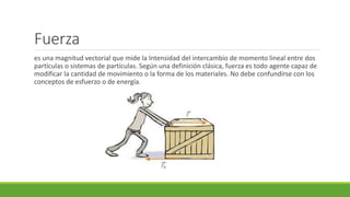 Fuerza
es una magnitud vectorial que mide la Intensidad del intercambio de momento lineal entre dos
partículas o sistemas de partículas. Según una definición clásica, fuerza es todo agente capaz de
modificar la cantidad de movimiento o la forma de los materiales. No debe confundirse con los
conceptos de esfuerzo o de energía.
 