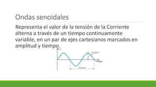 Ondas senoidales
Representa el valor de la tensión de la Corriente
alterna a través de un tiempo continuamente
variable, e...