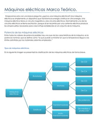 Máquinas eléctricas Marco Teórico.
Empecemos esto con una breve pregunta; ¿qué es una máquina eléctrica? Una máquina
eléctrica es simplemente un dispositivo que transforma la energía cinética en otra energía. Una
máquina eléctrica tiene un circuito magnético y dos circuitos eléctricos. Normalmente uno de los
circuitos eléctricos se llama excitación, porque al ser recorrido por una corriente eléctrica produce
las ampervueltas necesarias para crear el flujo establecido en el conjunto de la máquina.
Potencia de las máquinas eléctricas
Entre todos los valores de potencia posibles hay uno que da las características de la máquina, es la
potencia nominal, que se define como “la que puede suministrar sin que la temperatura llegue a los
límites admitidos por los materiales aislantes empleados.”
Tipos de máquinas eléctricas.
En la siguiente imagen se presentará la clasificación de las máquinas eléctricas de forma breve.
Máquinas
electricas
Rotatorias
Generadores
De CD
De CA
Motores
De CD
De Ca
Estáticas
Transformadores
De potencia
De medida y
protección
Auto-
transformadores
 