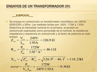 CIRCUITO EQUIVALENTE SIMPLIFICADO DE UN
TRANSFORMADOR MONOFÁSICO
30
 Para simplificar el circuito equivalente, se pueden suprimir las ramas
de excitación ya que las corrientes por ellas son despreciables frente a
la corriente de carga
 Otra simplificación consiste en desplazar la rama de excitación de
entrada a la salida, con lo que pueden sumarse las resistencias y las
reactancias inductivas del primario con las del secundario
speq
speq
XXX
RRR
 