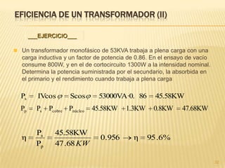 32
DIAGRAMA VECTORIAL DE UN
TRANSFORMADOR MONOFÁSICO CON CARGA (II)
 Con carga inductiva: Is está retrasada respecto de Vs un ángulo φs .
Entonces la FEM generada en el secundario será mayor que la tensión
de salida
ss Vε
ssssss IXIRVε

pppppp IXIRVε

 Con carga capacitiva: Is está adelantada respecto de Vs un ángulo φs .
Entonces la FEM generada en el secundario será mayor o menor que la
tensión de salida en función de los valores
 