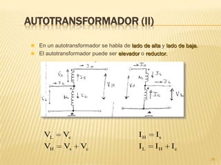 ENSAYOS DE UN TRANSFORMADOR (I)
36
 Se aplica una tensión nominal Vpo en el primario y se deja el secundario
en circuito abierto.
 Sólo existe corriente Ip, mientras que Is = 0
 Rp y Xp son despreciables frente a Rc y Xm por lo que se miden Vpo , Ipo y
la potencia de entrada, con lo que se puede calcular el factor de potencia
(cosφp) y la impedancia de las ramas de excitación (que será Rc y Xm )
 La potencia consumida corresponde a las pérdidas magnéticas (por
histéresis y corrientes parásitas)
ENSAYO EN VACÍO
 Se usan para determinar los parámetros del modelo de un transformador.
Existen dos tipos de ensayo: en circuito abierto o en vacío y en
cortocircuito
 