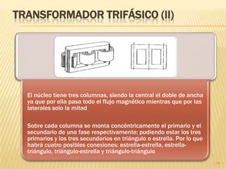 ENSAYOS DE UN TRANSFORMADOR (IV)
 Se ensaya en cortocircuito un transformador monofásico de 12KVA,
6200/230V y 50Hz. Las medidas leídas son: 245V, 172W y 1.93A.
Determina la intensidad nominal en el primario, la tensión en
cortocircuito expresada como porcentaje de la nominal, la resistencia,
impedancia y reactancia en cortocircuito y el factor de potencia en este
ensayo
39
___EJERCICIO___
126.9 Ω
1.93A
45V2
I
V
Z
pn
cc
cc
46.1 Ω
A1.93
172W
I
P
R 222
pn
cc
cc
118.23Ω46.1126.9RZX 222
cc
2
cccc
Ω36.0
245V·1.93A
172W
IV
P
c
pncc
cc
os
 