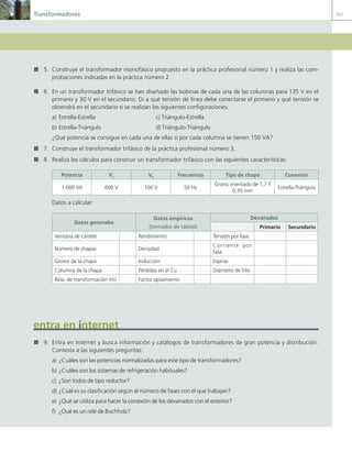 Transformadores 101
5. Construye el transformador monofásico propuesto en la práctica profesional número 1 y realiza las com-
probaciones indicadas en la práctica número 2.
6. En un transformador trifásico se han diseñado las bobinas de cada una de las columnas para 135 V en el
primario y 30 V en el secundario. Di a qué tensión de línea debe conectarse el primario y qué tensión se
obtendrá en el secundario si se realizan las siguientes configuraciones:
a) Estrella-Estrella c) Triángulo-Estrella
b) Estrella-Triángulo d) Triángulo-Triángulo
¿Qué potencia se consigue en cada una de ellas si por cada columna se tienen 150 VA?
7. Construye el transformador trifásico de la práctica profesional número 3.
8. Realiza los cálculos para construir un transformador trifásico con las siguientes características:
Potencia V1
V2
Frecuencia Tipo de chapa Conexión
1 000 VA 600 V 100 V 50 Hz
Grano orientado de 1,7 T
0,35 mm
Estrella-Triángulo
Datos a calcular:
Datos generales
Datos empíricos
(tomados de tablas)
Devanados
Primario Secundario
Ventana de carrete Rendimiento Tensión por fase
Número de chapas Densidad
Corriente por
fase
Grosor de la chapa Inducción Espiras
Columna de la chapa Pérdidas en el Cu Diámetro de hilo
Rela. de transformación (m) Factor apilamiento
entra en internet
9. Entra en Internet y busca información y catálogos de transformadores de gran potencia y distribución.
Contesta a las siguientes preguntas:
a) ¿Cuáles son las potencias normalizadas para este tipo de transformadores?
b) ¿Cuáles son los sistemas de refrigeración habituales?
c) ¿Son todos de tipo reductor?
d) ¿Cuál es su clasificación según el número de fases con el que trabajan?
e) ¿Qué se utiliza para hacer la conexión de los devanados con el exterior?
f) ¿Qué es un relé de Buchholz?
03 Maquinas electricas.indd 101 16/07/12 15:06
 